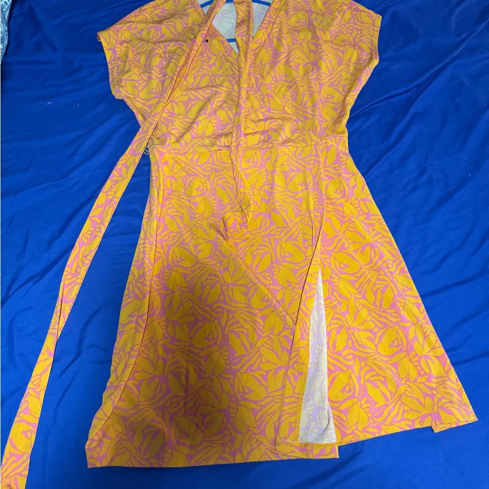 Nine West Gold Asymmetrical Sundress with Flutter Sleeves